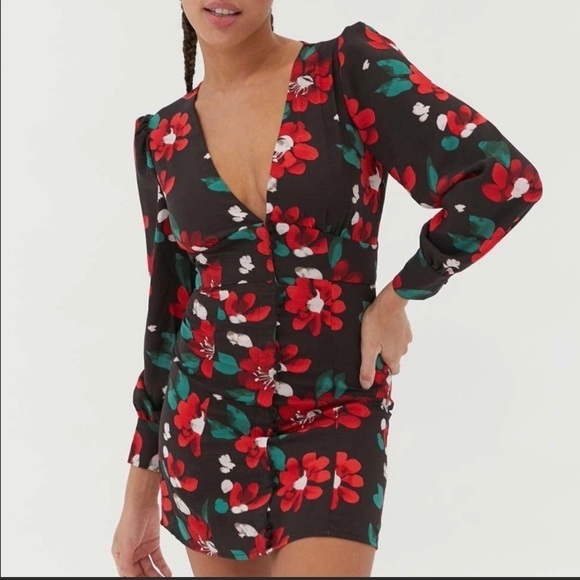 Urban Outfitters Dresses & Skirts - Urban Outfitters Michelle Mini Dress Black Red Floral Plunging Size X Small XS